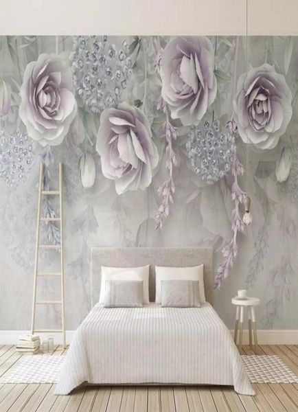 3D Fleurs en relief papier peint rétro fleurs violettes murales grandes fresques de papier peint floral étude restaurant TV Téle de terre peinture murale 9612688