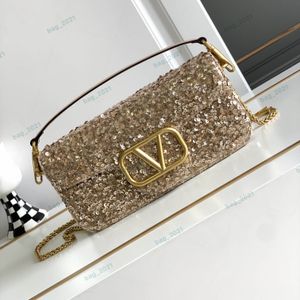 10A Luxe Designer 3D Borduurkralen Tas V-logo Schijnt Feestavond Schoudertas Echt Leer Pailletten Portemonnee Clutch Dames Bling Chain Vierkante Portemonnees Bakken 2008