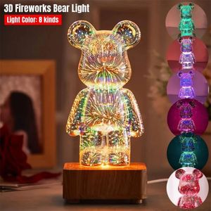 3D vuurwerk beer nacht licht led glazen tafellamp diming projectie kleurrijk schattig kamer decor slaapkamer sfeer cadeau decoratief