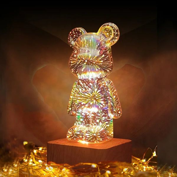 3D Fireworks Bear Night Light Projection Colorful Usb Atmosphère gras Living Decorative Decor Salle 3D Verre Fireworks Chambre