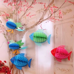 Fish 3D nid d'abeille papier fleur lanterne lanterne Bird Pompom pour anniversaire baby shower festive événement fête fournit des décorations