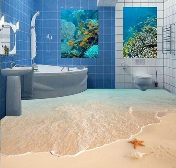 3d piso pintura papel pintado personalizado para paredes 3 d playa surf estrella de mar cáscara 3d piso autoadhesivo papel pintado azulejo suelo baño