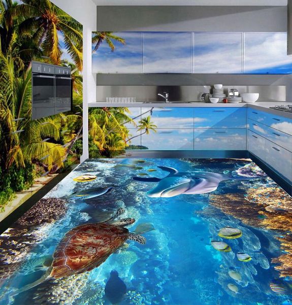 Pisos 3d Papel tapiz personalizado con foto en 3d Pisos de vinilo con delfines Papel tapiz 3d Paredes Pisos de azulejos Baño