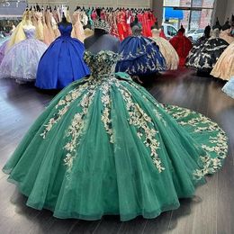 3D Flora Sweetheart Quinceanera Dress Off Shoulder Appliques Bloemen Zoete verjaardag Prinses feestjurken Vestidos de 15 anos baljurk 06 0516