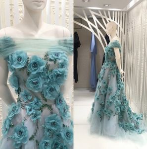 Robes de soirée avec appliques florales 3D, perles bleues, robes de Cocktail transparentes, grande taille, épaules dénudées, robe de bal