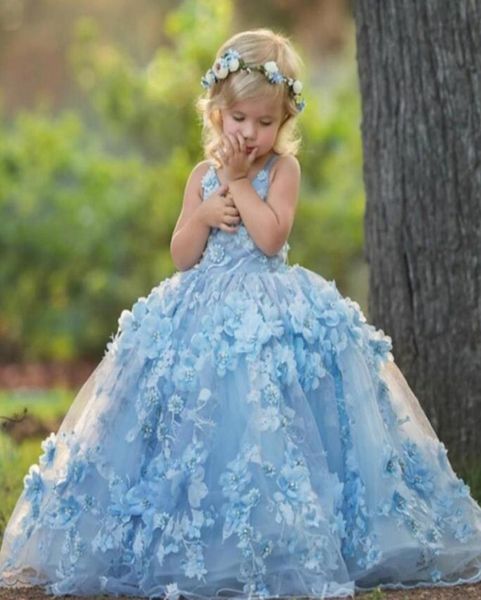 Vestido de comunión con apliques florales en 3D, precioso vestido de niña de flores con cuello en V y tirantes cruzados sin espalda, vestido de fiesta de cumpleaños de tul esponjoso para niñas Pag6194787