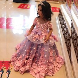 3D Floral Applique Flower Meisje Jurk voor bruiloften Sheer Jewel Neck Kid Prom Dress Gorgeous Little Princess verjaardagstoga's