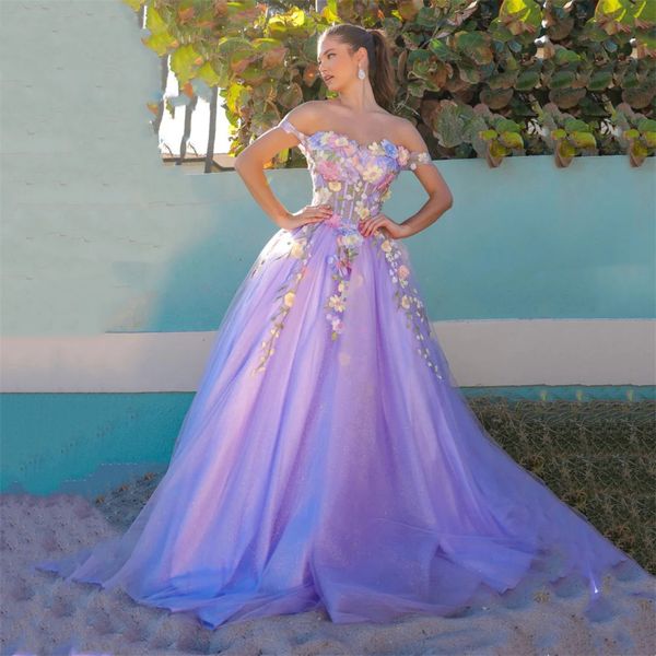 Appliques florales 3D Lavande Robes de bal sur l'épaule longue tulle une ligne quinceanera robe 2024 Rangs de soirée romantiques Vestido de Novia