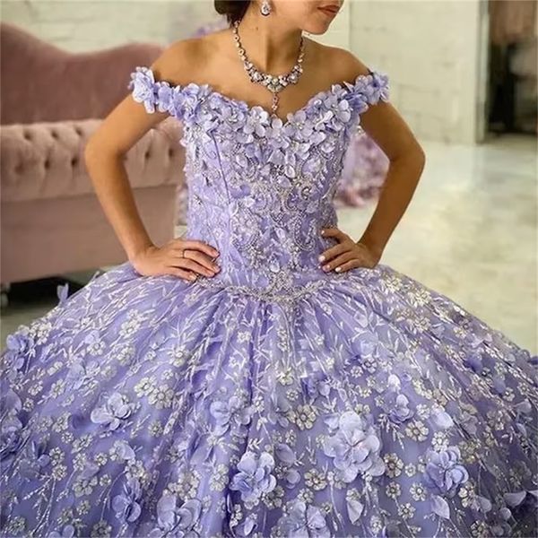 Appliques florales 3D Quinceanera robes princesse ballgown sweet 16 robe hors de l'épaule lavender robe de bal gonflée robe de fête d'anniversaire de fête faite sur mesure