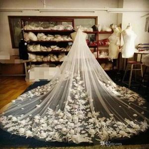 3D Floral Bridal Sluieren 3M Cathedral Lengte Lange White Ivory Champagne Wedding Sluiers met kammen Tule en Kant Applicaties 2020 Nieuw Heet