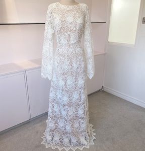Robe de mariée style Boho, motif Floral 3D, gaine, manches longues, longueur au sol, dentelle, garniture festonnée, dos en V profond, 2020