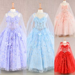 Robe de concours de beauté pour fille à fleurs 3D 2024 avec cape et cape en tulle pailleté pour petit enfant - Mode amusante - Drame - Robe de cocktail formelle - Pour tout-petit et adolescent - Miss Lilas - Bleu clair - Blush