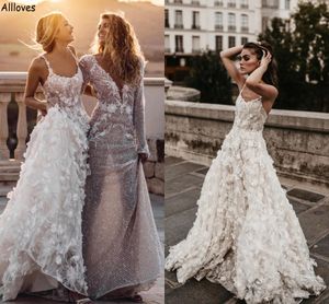 3D Floral Lace Appliqued Une Ligne Robes De Mariée Pour Les Femmes Bretelles Spaghetti Bohemian Country Robes De Mariée Sans Manches Sexy Dos Ouvert Robes De Maternité De Mariee CL2018