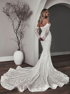 Robes de mariée sirène en dentelle florale 3D avec paillettes perlées scintillantes chérie enlever les robes de mariée en queue de poisson à manches longues