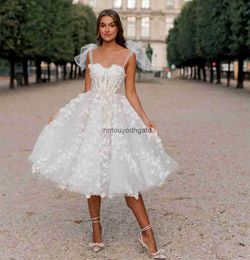 3D bloemen kanten korte trouwjurk voor vrouwen thee lengte een lijn spaghetti bohemian bruidsjurken lieverd corset ivoor witte bruid jurken 2024 zomer