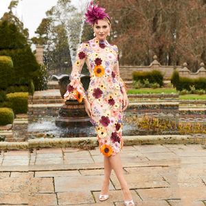 3D Floral Motifs Fleurs Robes De Bal Thé Longueur Gaine Formelle Robes De Soirée Col Haut Manches Longues Dentelle Occasion Spéciale Robe Pour Les Femmes 2023