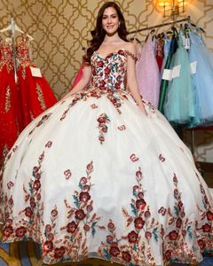 3D Bloemen Quinceanera Jurk 2024 Glinsterende Glitter Pailletten Off-Shoulder Kweepeer Baljurk Korset Sweet 16 Verjaardagsfeestje Gala Gala Vestidos De 15 Anos Charro Mexicaans