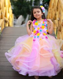 3D Bloemen Regenboog Bloem Meisjes Jurken Voor Bruiloften Baljurk Parels Verjaardag Kinderen Jurk Meisje Pageant Toga