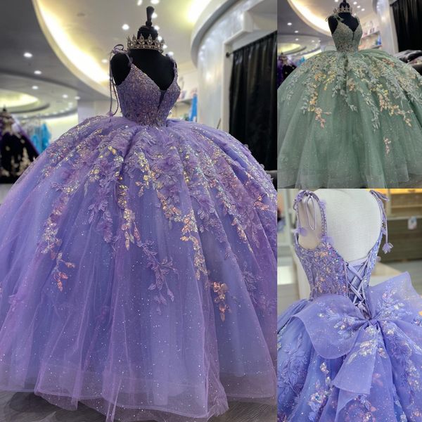 Robe de Quinceanera à paillettes florales 3D, boule de tulle à paillettes, coing mexicain, robe de fête d'anniversaire 15/16 pour 15e fille, drame d'hiver, bal formel, gala, orchidée, sauge, bretelles avec nœud