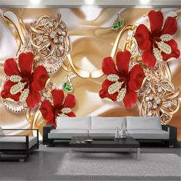 Papel tapiz floral 3d Papeles de pared Diamante de lujo Flor roja Mural Mejoras para el hogar Sala de estar Dormitorio Cocina Pintura Fondos de pantalla