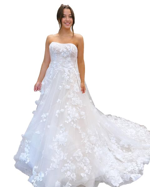 Robe de mariée florale 3D 2024 sans bretelles en dentelle bohème cérémonie de mariée répétition réception fête de fiançailles robe de danse de nuit romantique vestidos de novia chapelle train