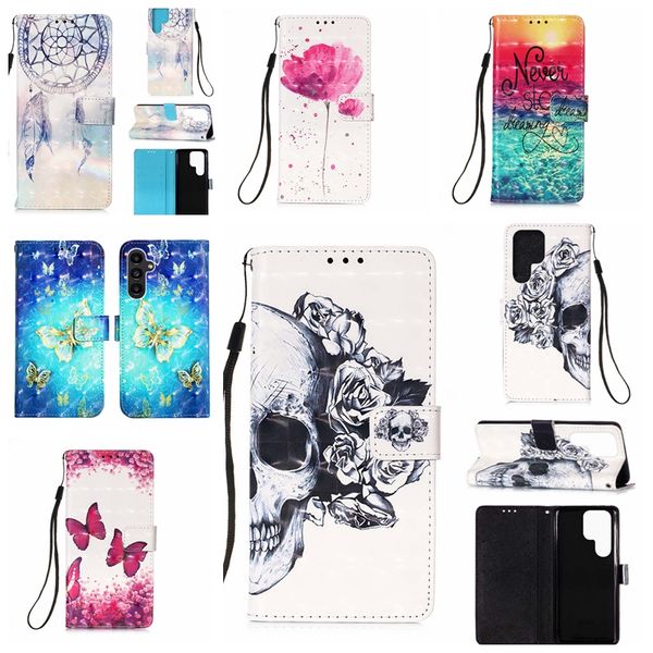 Étuis portefeuille en cuir de papillon de fleur 3D pour Samsung S23 Ultra A54 5G A14 S22 Plus A13 S20 FE Galaxy A42 Note 20 Skull Dreamcatcher Flip Cover Holder Card Pouches Strap