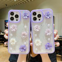 3D bloem camellia hoesjes voor iphone 15 14 plus pro max 13 12 11 X XR XS 8 7 luxe glanzende folie confetti harde pc TPU bling parel paars helder transparant mobiele telefoon achterkant