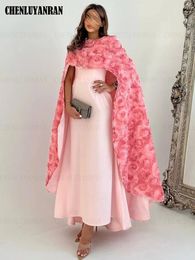 Robe de soirée longue de forme sirène rose avec cape, tenue de soirée formelle à fleurs 3D, Sexy, de luxe, en dentelle, 2023, 240227