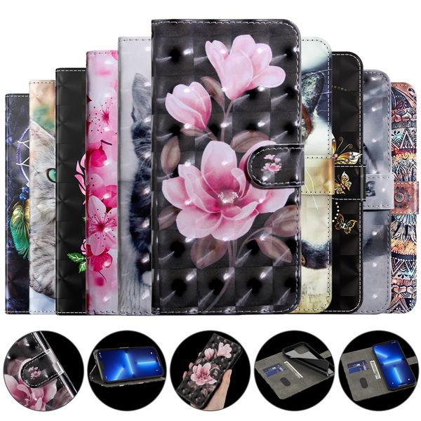 Étuis portefeuille en cuir fleur 3D pour Samsung A24 A34 5G Xiaomi 11T 12T Pro Redmi 11A Moto E13 G23 E13 G73 Google 8 7 7A Rose Sakura papillon mignon chat carte pochette à rabat