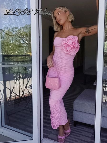 Vestido de mujer rosa plisado con flores en 3D, paquete sexy a la cadera, top sin mangas y tubo, vestidos largos ajustados, batas elegantes para fiesta de primavera 2024 240314
