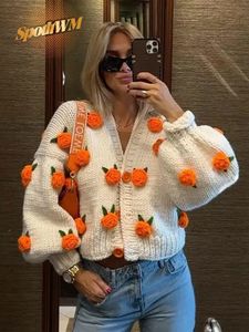 3D fleur col en V tricot Cardigan femmes mode à manches longues chaud recadrée pull automne hiver lâche simple boutonnage tricots manteau 231222