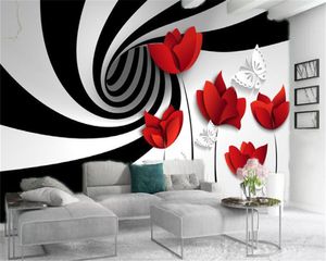 Papel tapiz de flores 3d, líneas negras, ampliar el espacio, flores rojas, decoración de protección para sala de estar y dormitorio, papel tapiz Mural