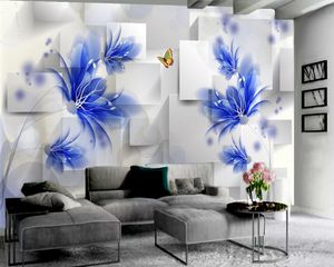 Papel tapiz de flores 3d, cuadrado blanco, azul, flor delicada, papel tapiz 3d, revestimiento de paredes para sala de estar y dormitorio, papel tapiz HD