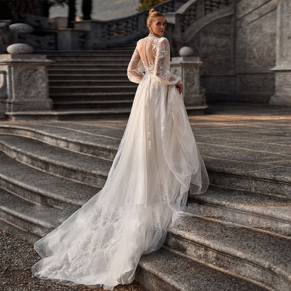 Apliques de flores en 3D Vestido de novia de cuello alto Vestido de novia de encaje con manga larga de obispo Ilusión Volver Vestidos de novia para novia