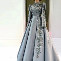 3D Flowers Exquise Moslim vrouwen avondjurken Parels Appliques Dubai Caftan Formele jurk voor verloving Ruches Islam Vestido