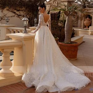 3D bloemen kanten bling trouwjurk met illusie lange mouwen open rug bruids trouwjurk rugloze trouwjurken voor bruid