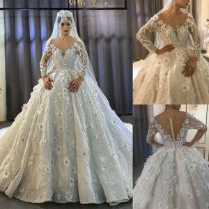 Vestido de novia de flores en 3D Arabia Saudita Vestidos de novia de manga larga con cuello en V transparente sexy Vestido de novia romántico Robe De Mariee