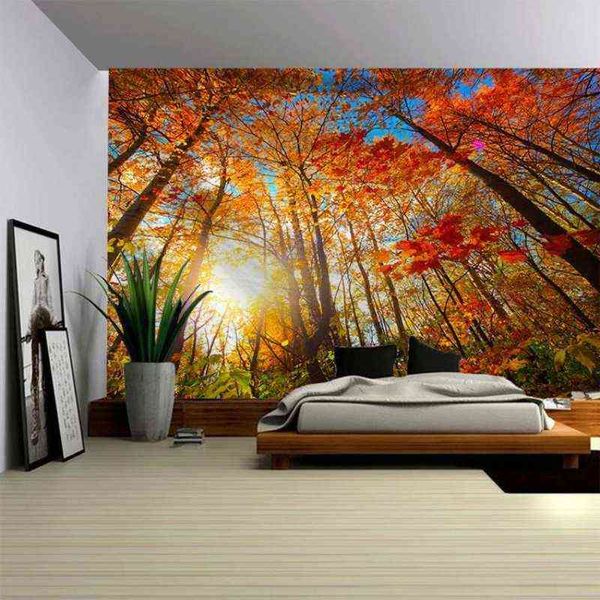 Tapis d'arbre forestier 3D suspendu au mur, scène naturelle, lumière du soleil, feuilles de plantes à feuilles persistantes, paysage extérieur, décor de salle de maison J220804