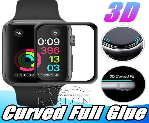 Protecteur d'écran en verre trempé 3D entièrement couvert, couvercle de protection 9H avec colle complète pour Apple Watch iwatch 42mm 38mm 40mm 44mm8771768