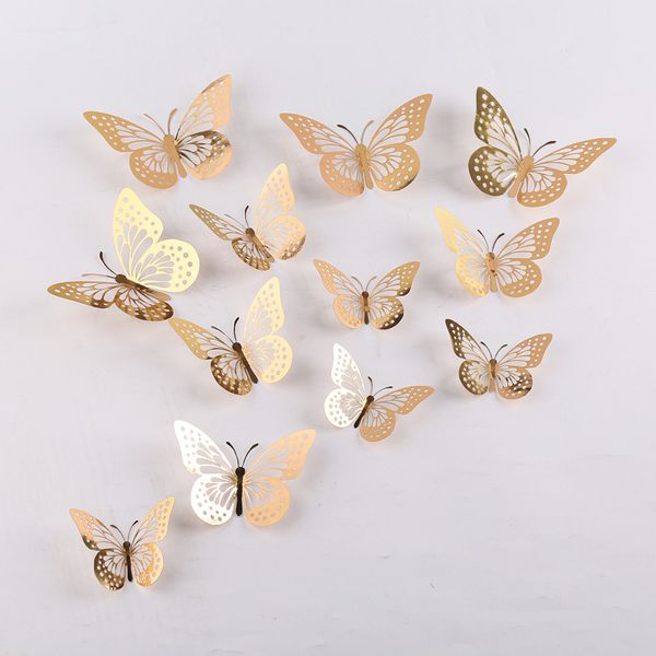 Calcomanías de pared de mariposa huecas doradas en 3D, pegatinas, decoraciones, decoración artística para fiesta, hogar, 12 unidades/juego