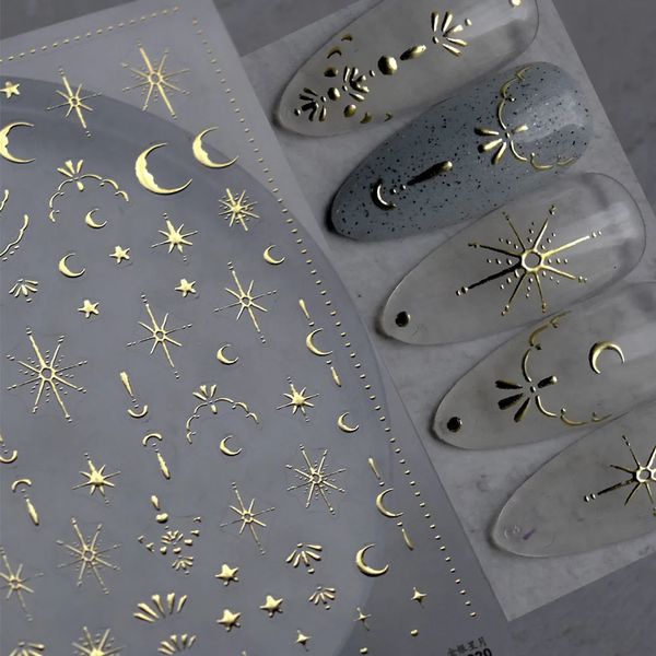 3D Gold Sunmoonstar Bronzing Nail Art Sticker 810cm Laser Star Moon Design Decal Silver Selfadhesive Slider 240430