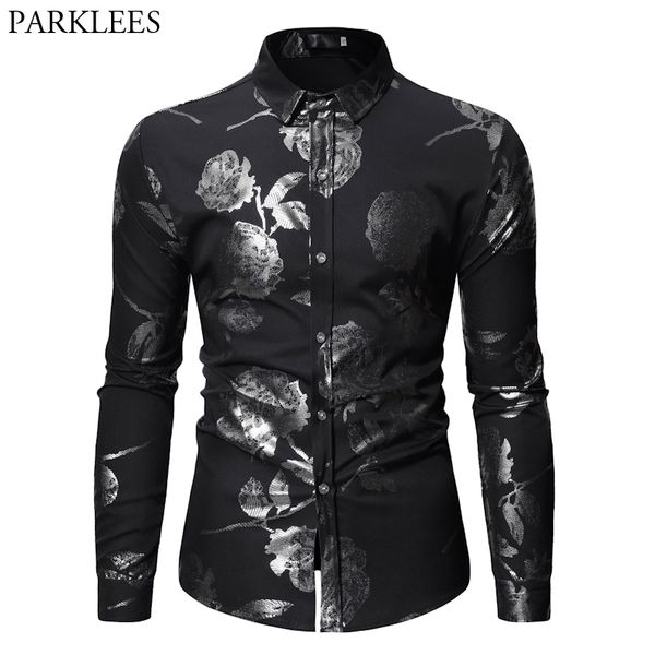 3D Golden Rose Diseño floral Slim Fit Camisa Hombres Primavera Manga larga Camisas de vestir para hombre Fiesta Boda Camisa de esmoquin para hombres 210522