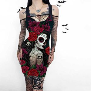 3D Halloween Party Dress Crâne Fleur Imprimer Y2k Robes Femmes Sans Manches Punk Gothique Harajuku Robe Sexy Rue Dames Vêtements Y0903