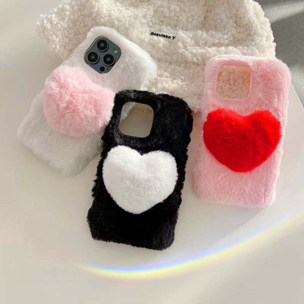 Étuis d'amour de coeur 3D pour iPhone 15 Plus 14 Pro Max 13 12 11 XR XS X 8 7 6 mode lapin véritable cheveux belle fourrure moelleuse filles doux TPU support mignon couvre téléphone portable peau arrière