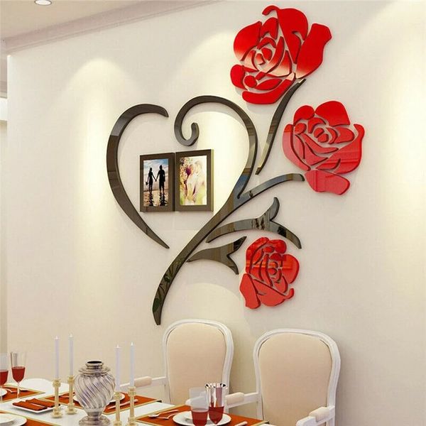 Murre miroir en acrylique rose en forme de coeur 3D pour le salon canapé télévisé Cadre PO décoration auto-adhésive DIY Art Decal 240425