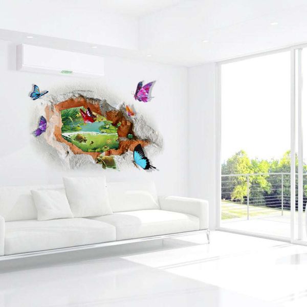 Pegatinas de pared de mariposa con vista de agujero 3d, calcomanías de pared de Pvc/adhesivo, hermoso papel tapiz para estanque, calcomanías de vinilo para puerta para sala de estar y dormitorio