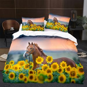 Cubierta de edredón de caballos 3D King Queen Carrir blancos Juego de cama de ropa