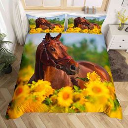 3D Horse dekbedovertrek Koning Koningin Size gele zonnebloem beddengoedset Bloemen Diersthema Quilt Wildlife Soft Comforter