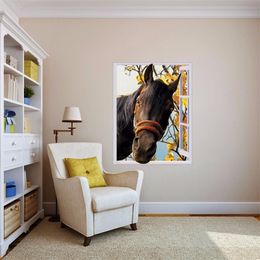 Gratis verzending 3d paard uit raam muursticker kunst foto waterdicht verwijderbaar behang bos muurschildering sticker vinyl home decor T200601