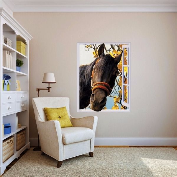 Livraison gratuite 3D Cheval Hors Fenêtre Sticker Art Photo étanche Amovible Papier Peint Forêt Murale Autocollant Vinyle Décor À La Maison T200601